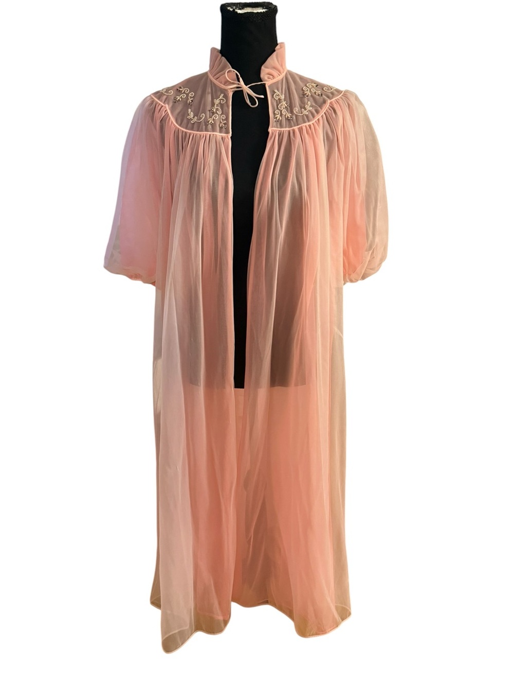 Vintage 60s pink Parfait Robe Babydoll Peignoir Classy Beaded One Size